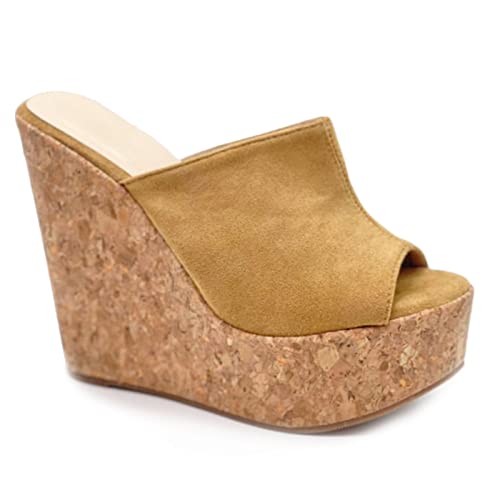 Toocool - Damenschuhe Keilabsatz Wildleder Kork High Heels Plateau CA128, Camel, 36 EU von Toocool