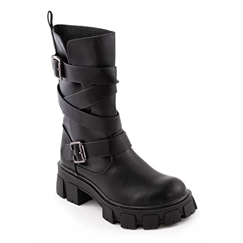 Toocool - Frauen Schuhe Stiefel Biker Motorradfahrer Kunstleder Casual Schnallen Neu 1050, Yg891 Schwarz, 37 EU von Toocool