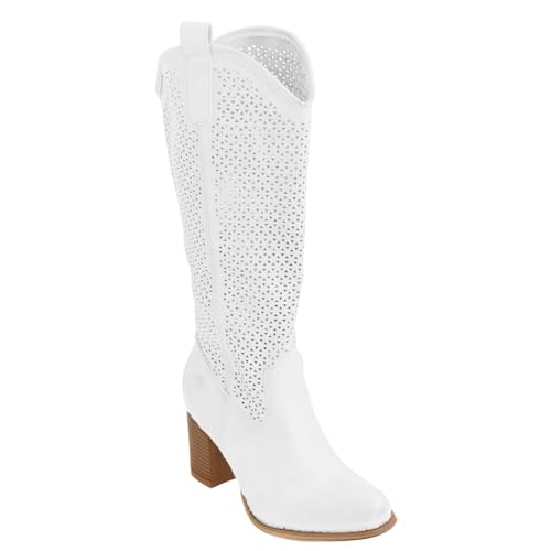 Toocool Sommerstiefel für Damen, perforierte Texaner-Stiefel mit bequemem Absatz, Cowboy-Stiefel Damen G-627 [39, Weiß] von Toocool