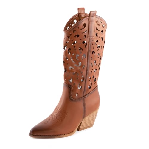 Toocool Texanische Damenstiefel Sommer Camperos perforierte Schuhe WZ688-67, Camel, 40 EU von Toocool