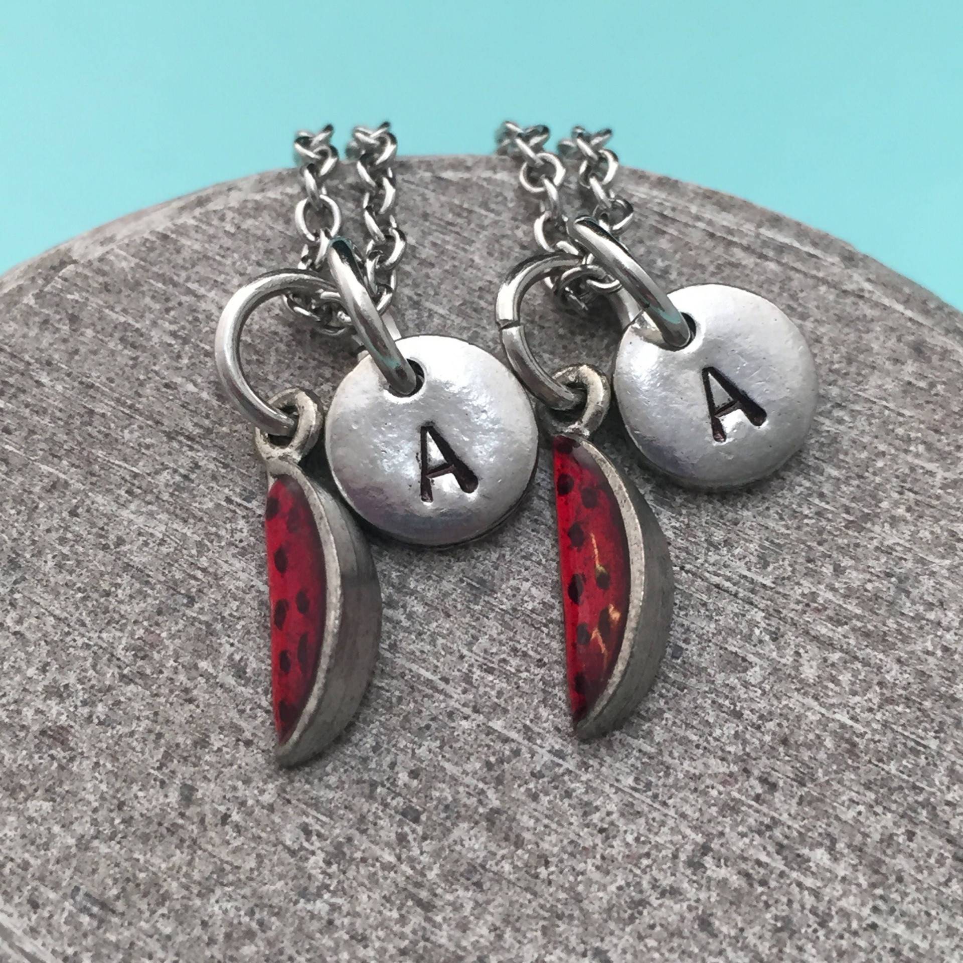 Beste Freund Halskette, Wassermelone Halskette Essen, Bff Schwester, Freundschaft Schmuck, Personalisierte; Initial, Monogramm von Toodaughters