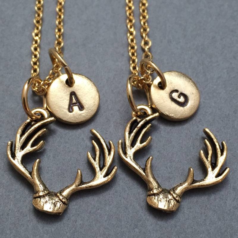 Bester Freund Halskette, Geweih Jagd-Collier, Bff Schwester, Freundschaft Schmuck, Personalisierte, Initial, Monogramm von Toodaughters