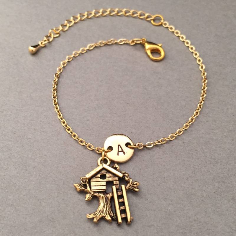 Bettelarmband Baumhaus, Baumhaus Charme, Verstellbare Armband, Kindheit, Personalisierte Erste Monogramm von Toodaughters