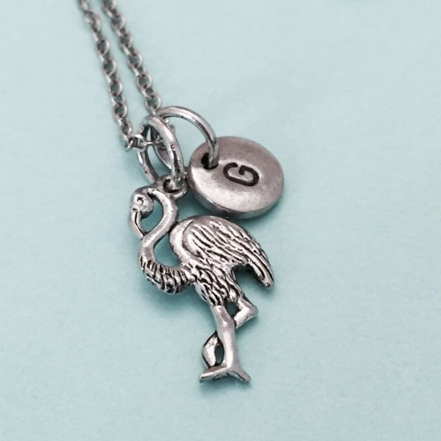 Flamingo Halskette, Charme, Vogel Personalisierte Collier, Erste Kette, Monogramm, Ursprünglichen Charme von Toodaughters