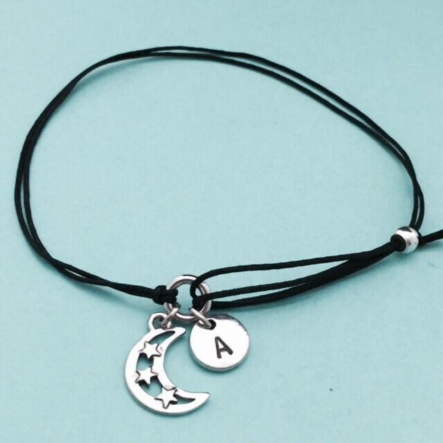 Mond Und Sterne Schnur Armband, Charm Verstellbare Bettelarmband, Personalisierte Initial, Monogramm von Toodaughters