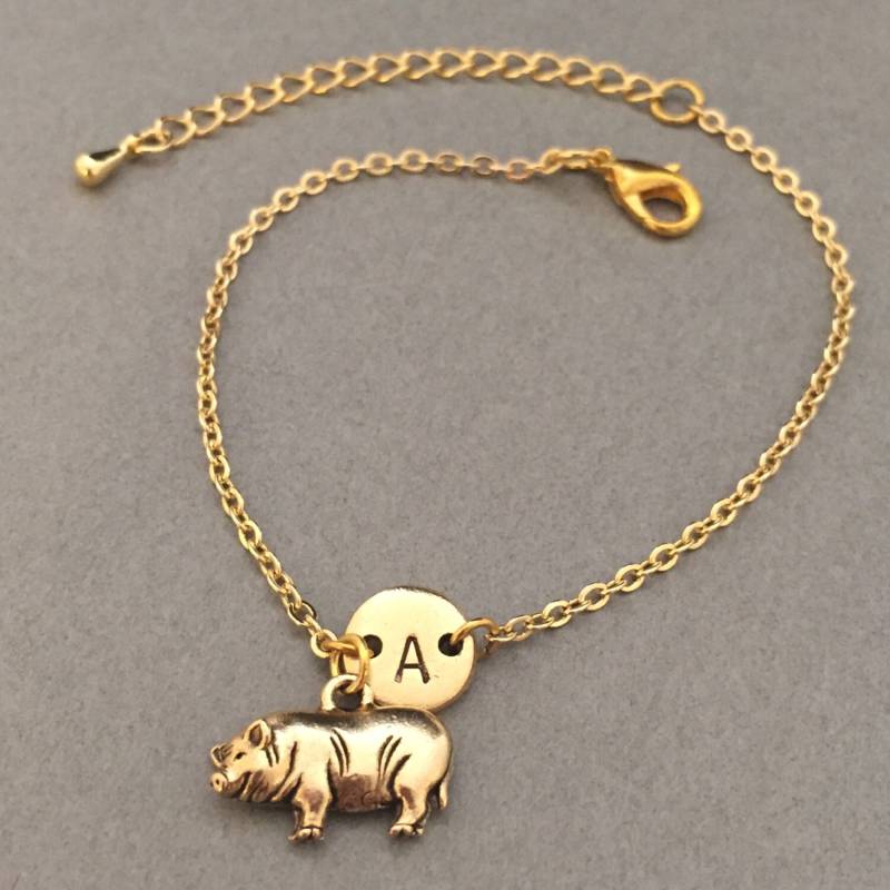 Topf Bauchige Schwein Bettelarmband, Bellied, Charme, Verstellbare Armband, Tier, Personalisierte Erste Armband Monogramm von Toodaughters