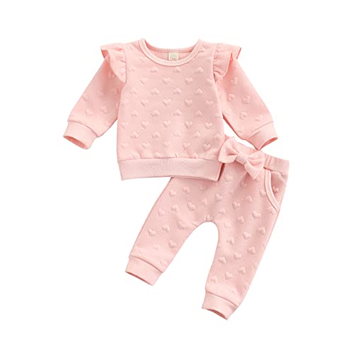 0-24M Säugling Neugeborene Baby Mädchen Outfits Rüschen Langarm Sweatshirt Tops Hosen Liebe Gedruckt Kleidung Set, rose, 6-12 Monate von Tookuter