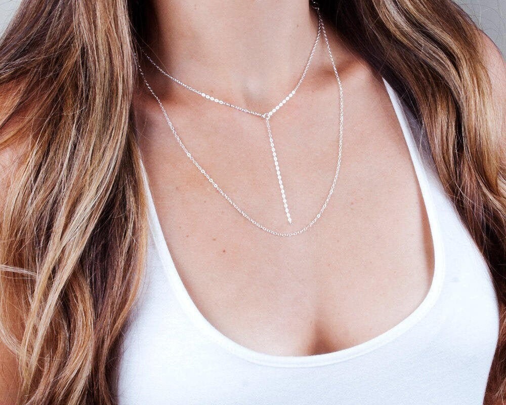 Zwei-Schicht-Halsketten-Set, Y Lariat Halskette, Layered Kettenhalskette, Zierliche Tropfen Silber, Gold Filled, Roségold, Nl-11 Zwei-Schicht-Halsketten-Set, Y Lariat Halskette, Layered Kettenhalskette, Zierliche Tropfen Silber, Gold Filled, Roségold, Nl-11 von Tooliks