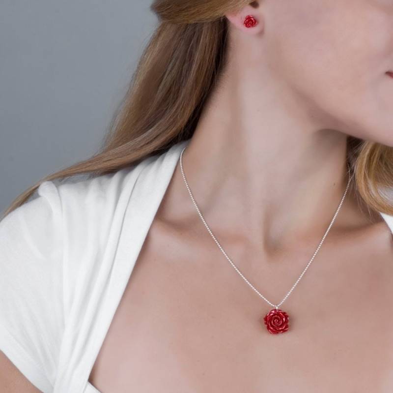 Rote Harz-Blumen-Halskette Sterlingsilber-Kugelkette, Zierlicher Anhänger von TooliksOutlet