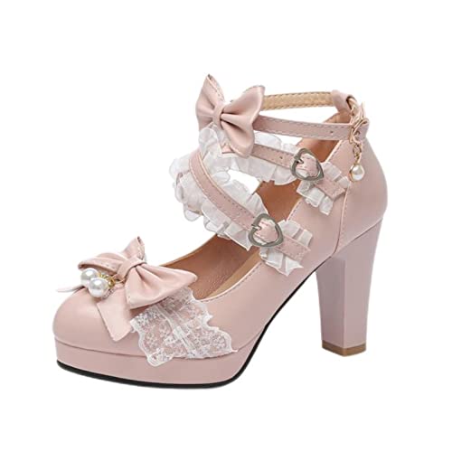 DSAI Sommer Damen High Heel Dicker Boden Niedlich Schleife Knoten Spitze Prinzessin Mary Jane Lolita Schuhe Party High Heel Schnalle Mädchen Flacher Mund Mädchen Süß-6,9 von Toolo