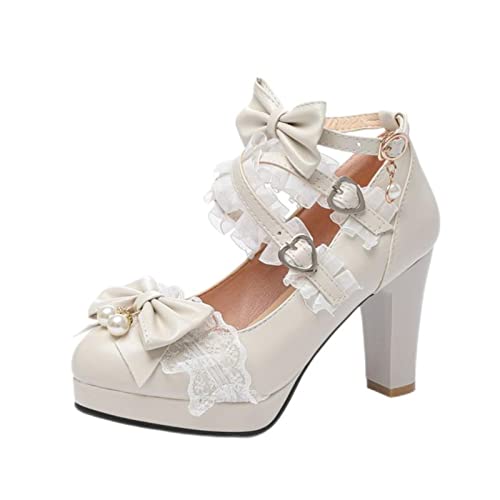 DSAI Sommer Damen High Heel Dicker Boden Niedlich Schleife Knoten Spitze Prinzessin Mary Jane Lolita Schuhe Party High Heel Schnalle Mädchen Flacher Mund Mädchen Sweet-5,9 von Toolo