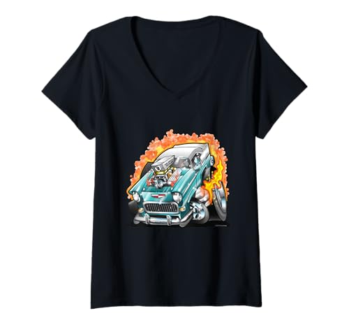 Damen Hot Rod Graphic 1955 Liebhaber von Custom-Autos für Straßenrennen T-Shirt mit V-Ausschnitt Damen Hot Rod Graphic 1955 Liebhaber von Custom-Autos für Straßenrennen T-Shirt mit V-Ausschnitt von Toon Factory Hot Rods