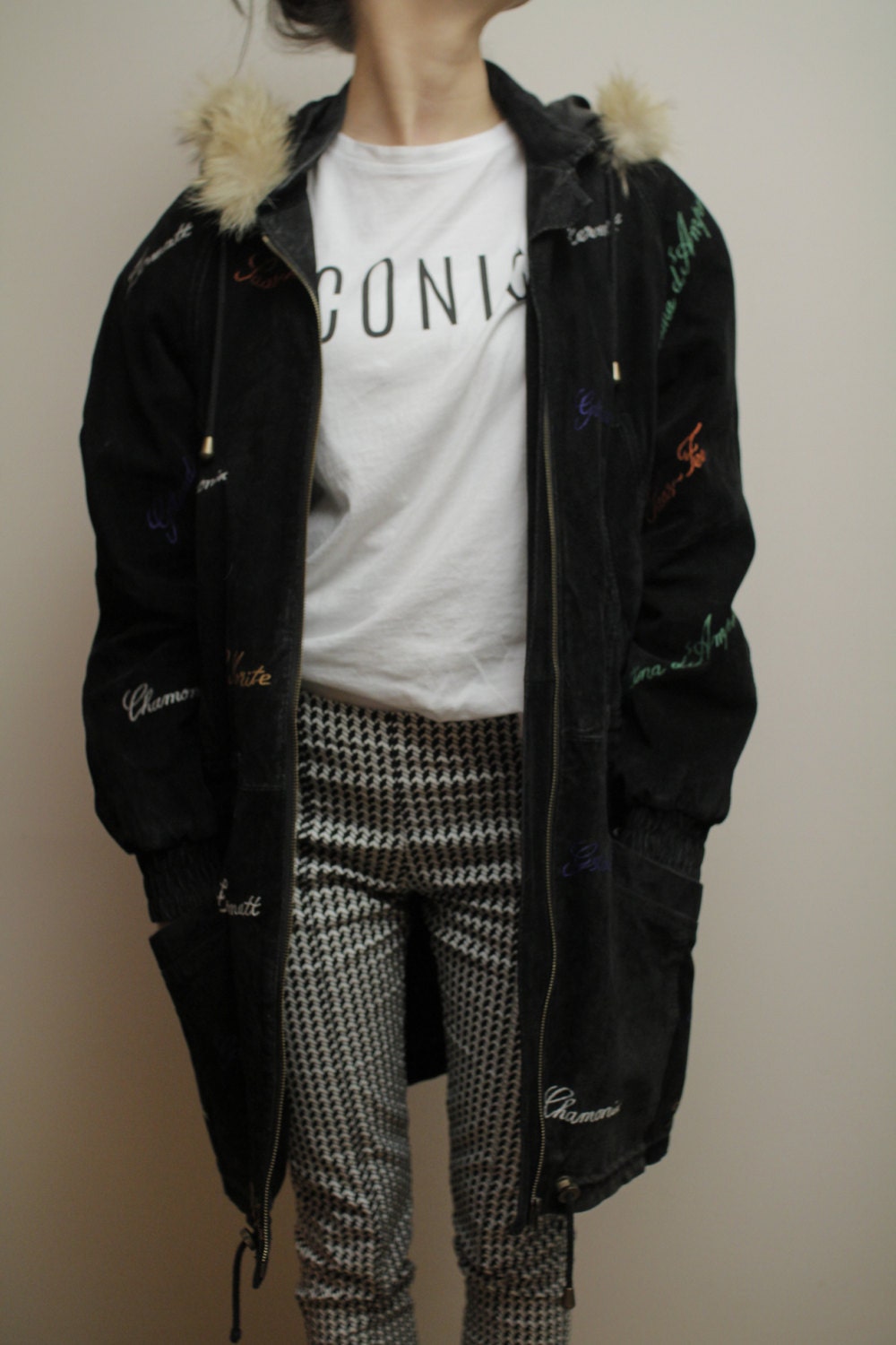 Echte Vintage Wildleder Parka Jacke/Ledermantel Mit Echtem Fur80S Jacke Schwarz Leder Eu38/40 von ToooMuchVintage