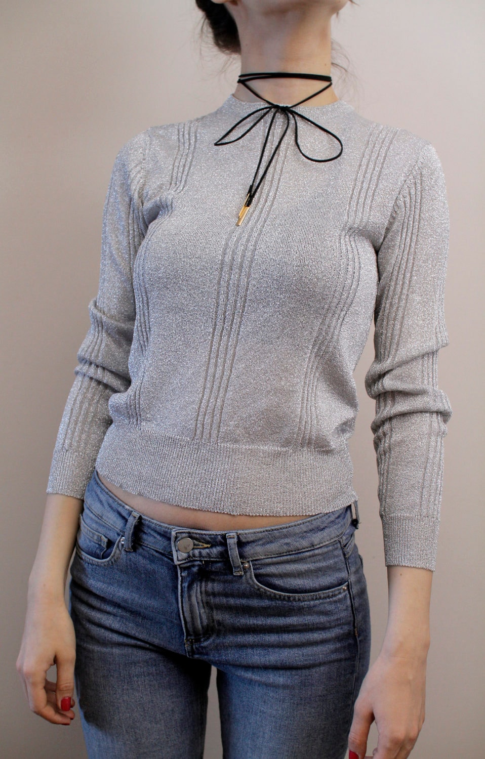 Handgemachte Silber Pullover Glitzernden Jumper Glitzer Bluse Eu 36 von ToooMuchVintage