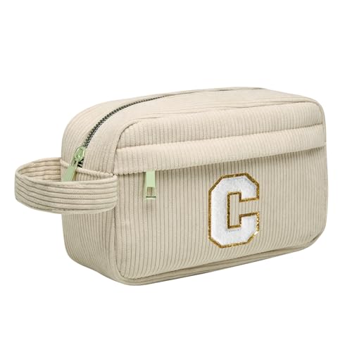 Kosmetiktasche Make up Tasche für Handtasche, Cord Schminktasche Damen mit Fächern, Reise Makeup Tasche für Frauen Mädchen Ehefrau Mutter Oma Tochter Schwester Freundin Teenager, Beige, Initialen C von Toozen