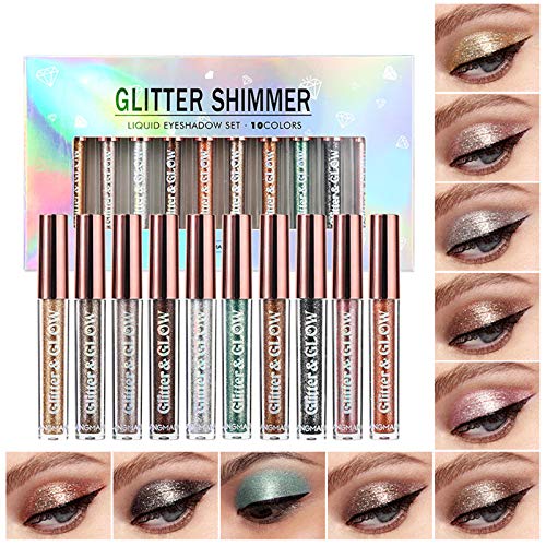 10PCS Liquid Eyeshadow, Shimmer Glitter Liquid Lidschatten Set Wasserdichtes, langlebiges Metall Make-up Lidschatten mit funkelnden Augen für Partyhochzeiten oder tägliches Make-up von Beauty Searcher