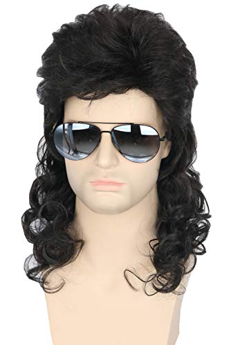 Topcosplay Herren Vokuhila Perücke, Schwarz Lockige Perücke Lang, 80er Jahre Mullet Punk Popstar Perücke Proll Perücke Rockerperücke für Fasching Karneval Halloween von Topcosplay