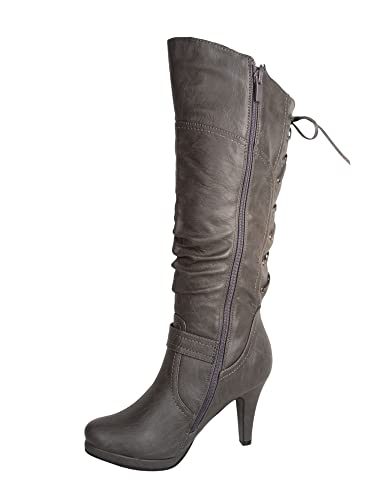 TOP Moda Damen Page-65 kniehohe runde Zehe Schnürschuh Slouched High Heel Stiefel, Graues PU., 42 EU von Top Moda