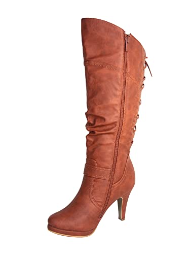 TOP Moda Page-65 Damen Stiefel, kniehoch, runde Zehenpartie, zum Schnüren, Braun PU, 39 EU von Top Moda