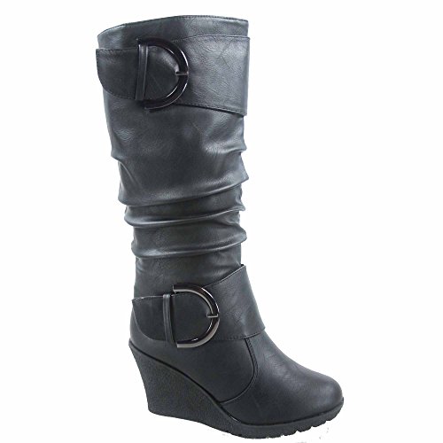 TOP Moda Pure-65 Damen-Stiefel, runde Zehenpartie, flache Schnalle, Keilabsatz, mittlere Wade, schwarz, 40 EU von Top Moda