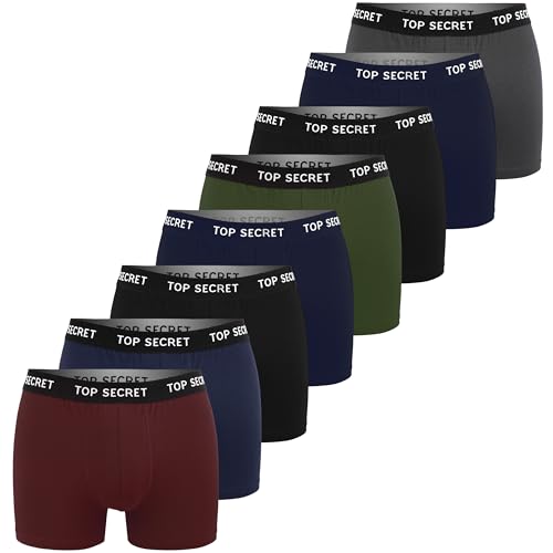 Top Secret Boxershorts Herren 8er Pack Baumwolle Unterwäsche Unterhosen Männer Retroshorts - Elastischen Weichen Gemütlichen, idealer Passform - Schwarz Blau Rot Grün Grau, Größe M, L, XL, XXL von Top Secret