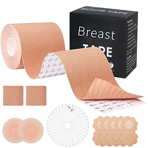 TopBine Klebe BH Boob Tape Bruststraffungsband - Brust Push up Tape mit EIN Paar Unsichtbar Silikon Nippel Cover für A-G Cup Damen - 7.5cm x 5m von TopBine