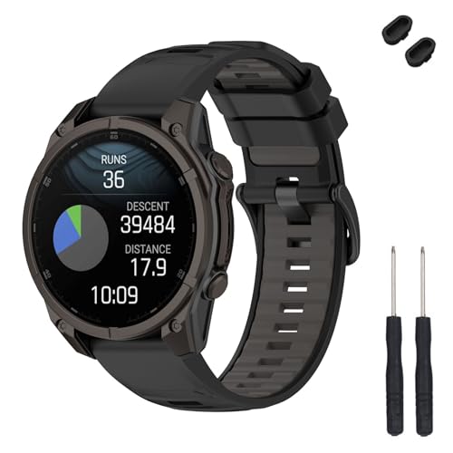 TopPerfekt 22mm Band Kompatibel mit Garmin Fenix 8 47mm, Weiches Silikon Ersatz Uhrenarmband Armband für Instinct 3 45mm/Tactix 8 47mm/ Descent G1/G2 Smart Watch für Frauen Männer (Schwarz/Grau) von TopPerfekt