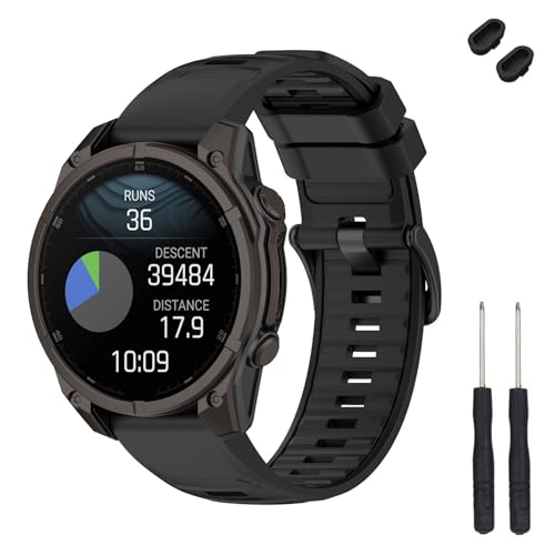 TopPerfekt 26mm Uhrenarmband kompatibel mit Garmin Fenix 8 51mm, weiches Silikon Band Armband für Instinct 3 50mm/Tactix 8 51mm/ Descent Mk1/Mk2 Smart Watch für Frauen Männer (Schwarz) von TopPerfekt