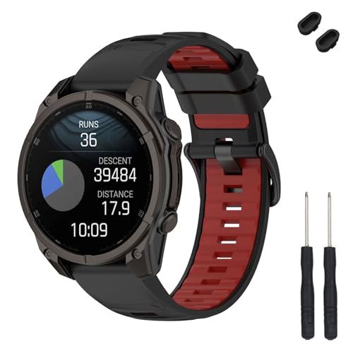 TopPerfekt 26mm Uhrenarmband kompatibel mit Garmin Fenix 8 51mm, weiches Silikon Band Armband für Instinct 3 50mm/Tactix 8 51mm/ Descent Mk1/Mk2 Smart Watch für Frauen Männer (Schwarz/Rot) von TopPerfekt