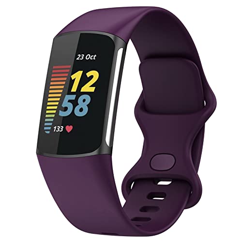 TopPerfekt Armbänder Kompatibel mit Fitbit Charge 5 Armband, Verstellbares Weiches Silikon Sport Ersatz Uhrenarmband Armbänder Armband für Charge 5 Activity Tracker Damen Herren (Dunkellila, L) von TopPerfekt