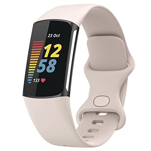TopPerfekt Armbänder Kompatibel mit Fitbit Charge 6 Armband, Verstellbares Weiches Silikon Sport Ersatz Uhrenarmband Armbänder Armband für Charge 5 Activity Tracker Damen Herren (Mondweiß, L) von TopPerfekt