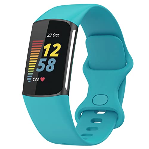 TopPerfekt Armbänder Kompatibel mit Fitbit Charge 6 Armband, Verstellbares Weiches Silikon Sport Ersatz Uhrenarmband Armbänder Armband für Charge 5 Activity Tracker Damen Herren (Blaugrün, S) von TopPerfekt