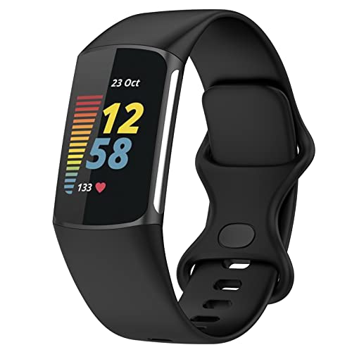 TopPerfekt Armbänder Kompatibel mit Fitbit Charge 6 Armband, Verstellbares Weiches Silikon Sport Ersatz Uhrenarmband Armbänder Armband für Charge 5 Activity Tracker Damen Herren (Schwarz, S) von TopPerfekt