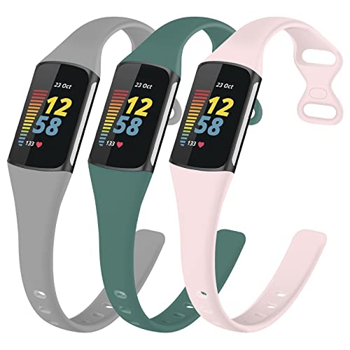 TopPerfekt Schlanke Armbänder kompatibel mit Fitbit Charge 5 Damen Herren, verstellbares weiches Silikon, Sport-Ersatzarmband für Charge 5 (3-in-grün/sandpulver/grau) von TopPerfekt