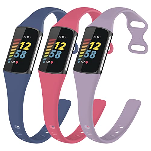 TopPerfekt Schmale Armbänder kompatibel mit Fitbit Charge 5 Damen Herren, verstellbares weiches Silikon, Sport-Ersatzarmband für Charge 5 (3-Lavender/Rosa/Blaugrau) von TopPerfekt