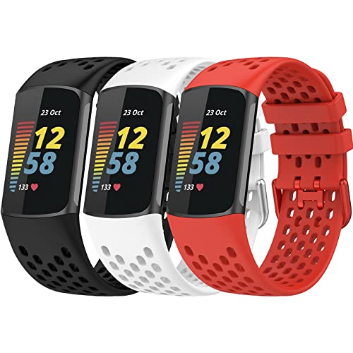 TopPerfekt Sport Armbänder Kompatibel mit Fitbit Charge 6 Armband, Verstellbares Atmungsaktives Weiches Silikon Sport Ersatz Uhrenarmband Armbänder Armband für Charge 5 Activity Tracker Damen Herren von TopPerfekt