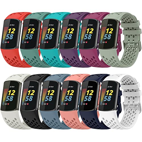 TopPerfekt Sport Armbänder Kompatibel mit Fitbit Charge 6 Armband, Verstellbares Atmungsaktives Weiches Silikon Sport Ersatz Uhrenarmband Armbänder Armband für Charge 5 Activity Tracker Damen Herren von TopPerfekt