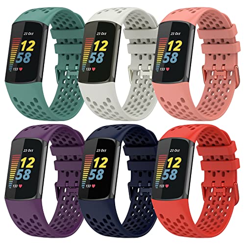 TopPerfekt Sport Armbänder Kompatibel mit Fitbit Charge 6 Armband, Verstellbares Atmungsaktives Weiches Silikon Sport Ersatz Uhrenarmband Armbänder Armband für Charge 5 Activity Tracker Damen Herren von TopPerfekt