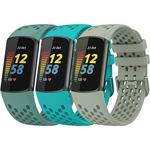 TopPerfekt Sport Armbänder Kompatibel mit Fitbit Charge 6 Armband, Verstellbares Atmungsaktives Weiches Silikon Sport Ersatz Uhrenarmband Armbänder Armband für Charge 5 Activity Tracker Damen Herren von TopPerfekt