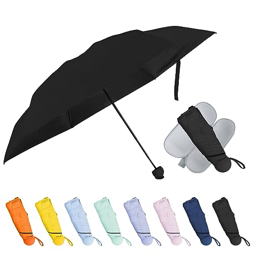 TopTie Mini-Regenschirm Klein Taschenschirm Faltbarer Reiseschirm Windfest UV Schutz Sonnenschirm mit Etui- Schwarz von TopTie