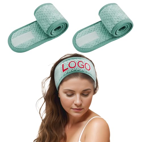 TOPTIE 2er-Pack personalisiertes Spa-Stirnband aus Korallenvlies, extra dick, saugfähig, weiches Make-up-Haarband, Stickerei – Grün von TopTie