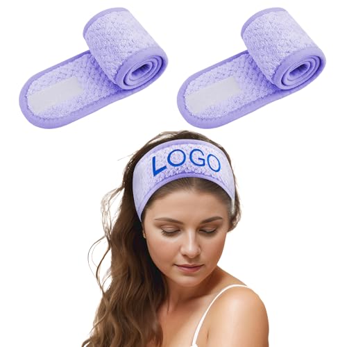 TOPTIE 2er-Pack personalisiertes Spa-Stirnband aus Korallenvlies, extra dick, saugfähig, weiches Make-up-Haarband, Stickerei – Lila von TopTie