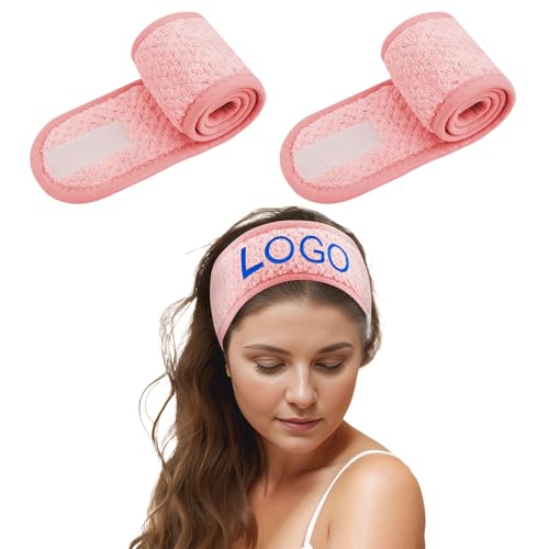 TOPTIE 2er-Pack personalisiertes Spa-Stirnband aus Korallenvlies, extra dick, saugfähig, weiches Make-up-Haarband, Stickerei – Rosa von TopTie