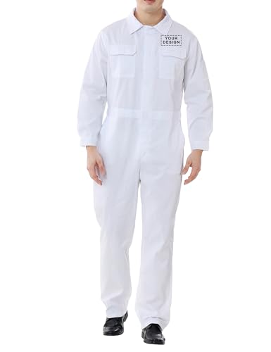 TOPTIE Custom Coverall Herren Action Back Overall 241.0 g Front-Reißverschluss Langarm Twill-Uniform Normale Größe, weiß, XL von TopTie