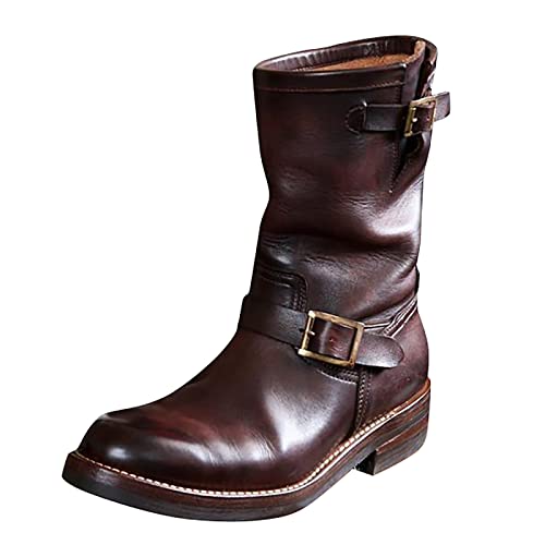 Arbeitsstiefel für Männer Neue Herren Leder Rundkopf Mitteloberteil Stiefel Rindsleder Cowboystiefel Niedriger Absatz Flache Stiefel Retro Western Motorrad Kampfstiefel Persönlichkeit Schneestiefel von Topassion