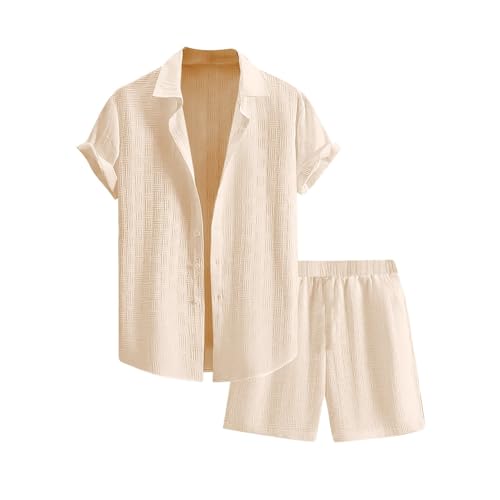Jogginganzug Herren Zweiteiler Trainingsanzug Kurzarm Reißverschluss Poloshirt & Kurze Hose Sets 2-Teiliges Sommer Sportanzug Casual Hemd und Shorts Set Freizeitanzug Sportanzug(Beige,L) von Topassion