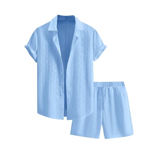 Jogginganzug Herren Zweiteiler Trainingsanzug Kurzarm Reißverschluss Poloshirt & Kurze Hose Sets 2-Teiliges Sommer Sportanzug Casual Hemd und Shorts Set Freizeitanzug Sportanzug(Sky Blue,M) von Topassion