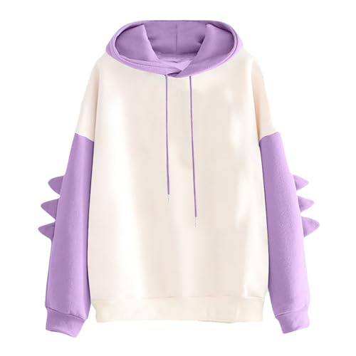 Kontrastierender Dinosaurier Kapuzenpullover Damen Einfarbiger Hoodie mit Tasche Bequem Kordelzug Kapuzenpulli Herbst Winter Sweatjacke Casual Y2K Sweatshirts Übergroße Streetwear(Light Purple,XL) von Topassion