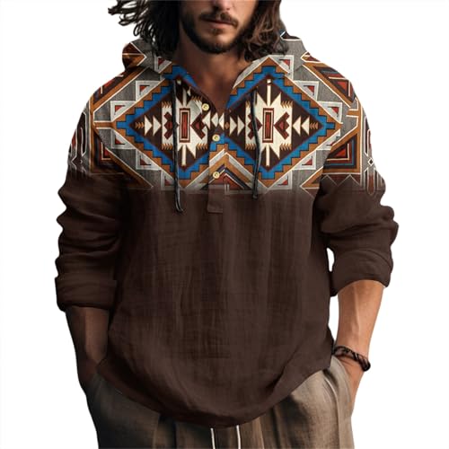 Leinenhemd Herren Baumwolle Leinen Hoodie Langarm Hemd mit Kapuze Knopfleiste Kapuzenpullover Kordelzug Freizeithemden Leichte Langarmshirt Strand Shirt Hoody Sommerhemd(Coffee,XL) von Topassion