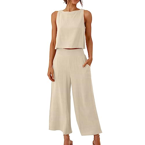 Musselin Hosenanzug Damen Ärmelloses Sommer Zweiteiler Tank Top und Hose 2 Teiler Elegant Hosenanzüge Leinen Jogginganzug Sommer Outfit Business Casual Anzug Leicht Freizeitanzug(Beige,XL) von Topassion